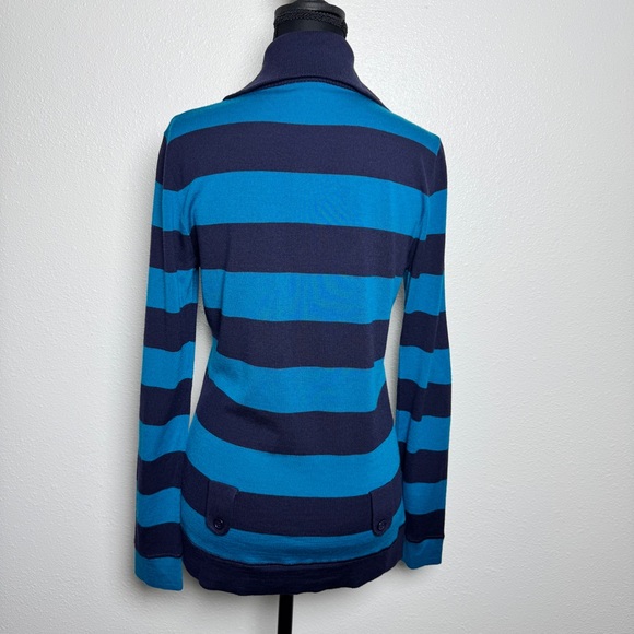 Anna Sui Merino Wool Striped Cardigan Navy Teal Button Front Size M - Picture 2 of 4